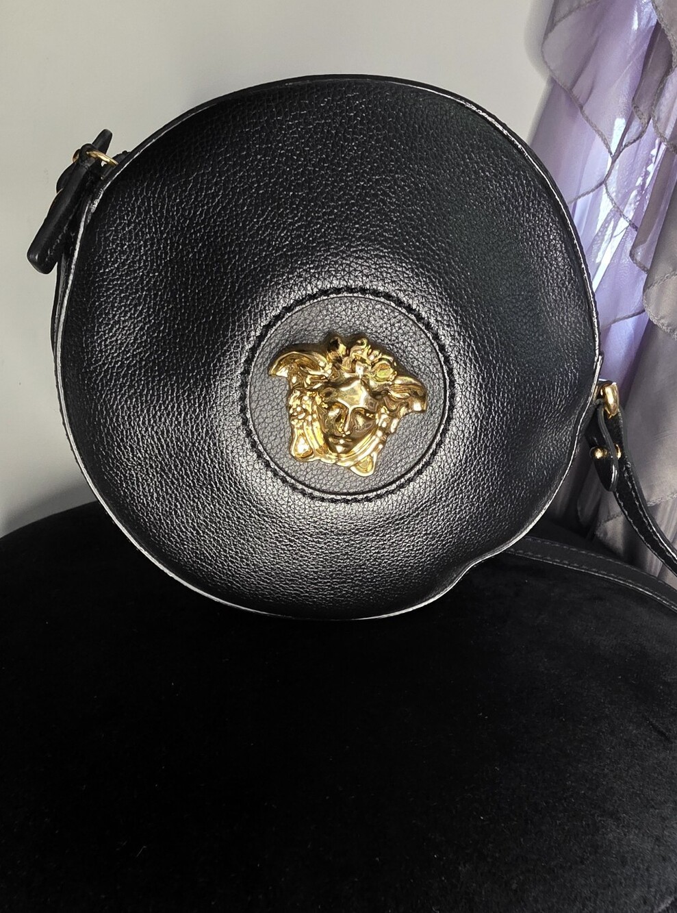 Versace Black Leather Round Crossbody with Gold Medusa Emblem 🖤💛🔥
